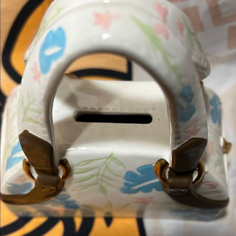 Russ Berrie Ceramic Mini Bag Bank with Blue and Pink Floral Design - Picture 7 of 9